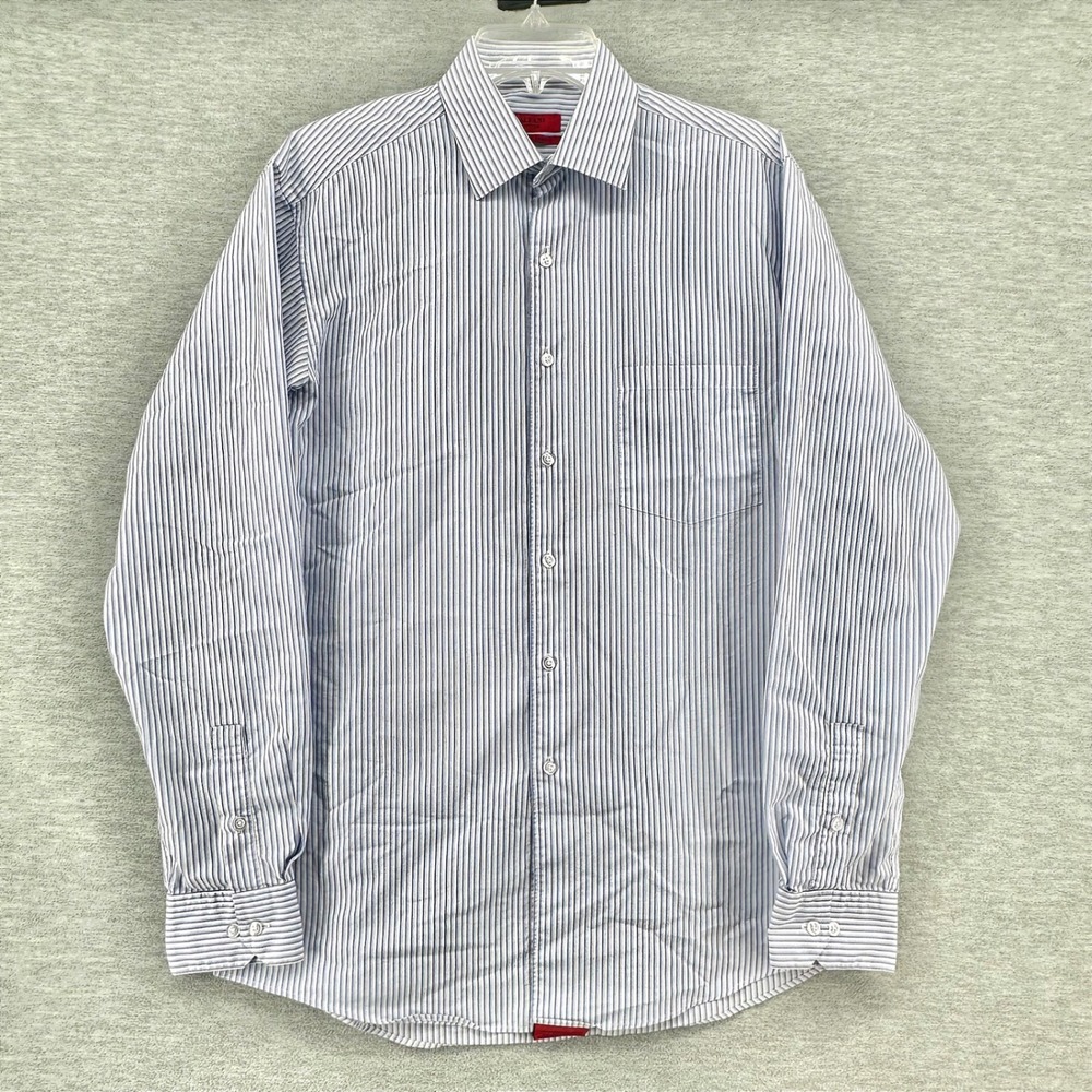 Alfani Button Up Shirt Mens M Blue Striped Fitted Stretch Easy Care Long Sleeve